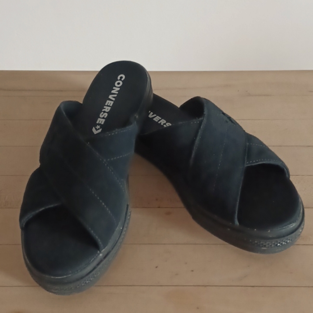 Black suede Converse slides